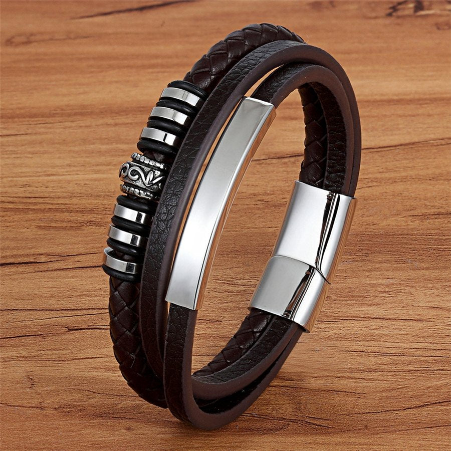 Braided Leather & Stainless Steel Men's bracelet