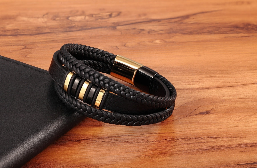 Braided Leather & Stainless Steel Men's bracelet