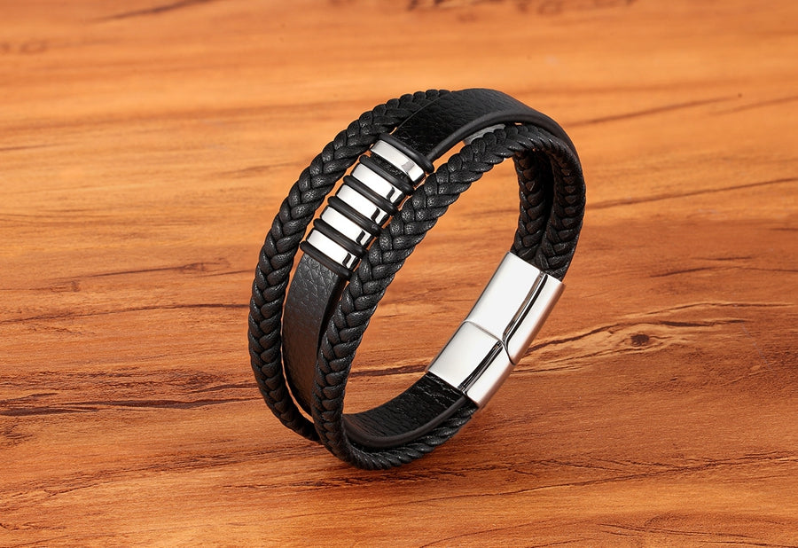 Braided Leather & Stainless Steel Men's bracelet