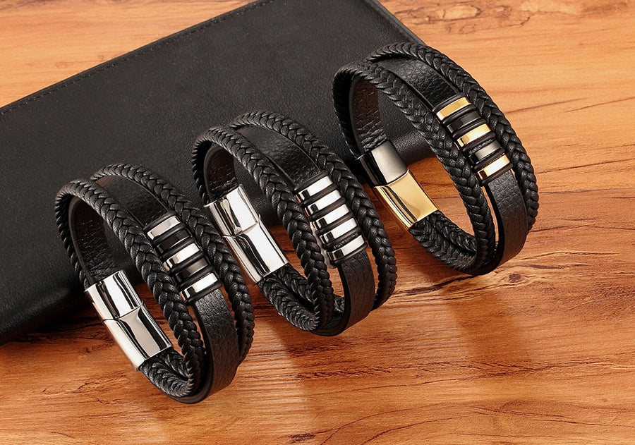 Braided Leather & Stainless Steel Men's bracelet
