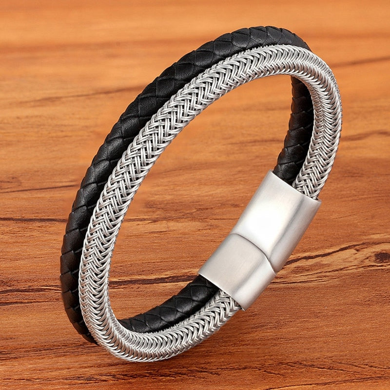 Braided Leather & Stainless Steel Men's bracelet