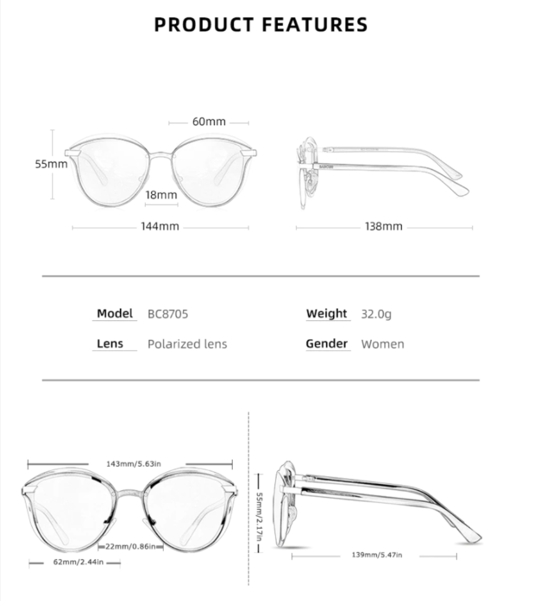 Vintage Polarized Sunglasses for Women - Oval Cat-Eyed Styled Fashion Eyewear