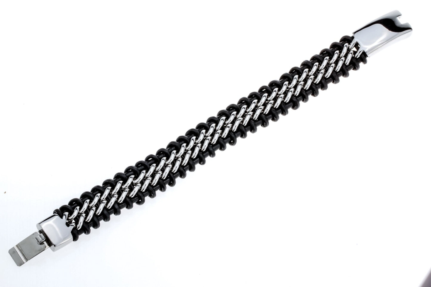 Black Leather Stainless Steel Bracelet - Gold and Silver
