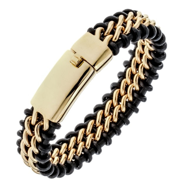 Black Leather Stainless Steel Bracelet - Gold and Silver