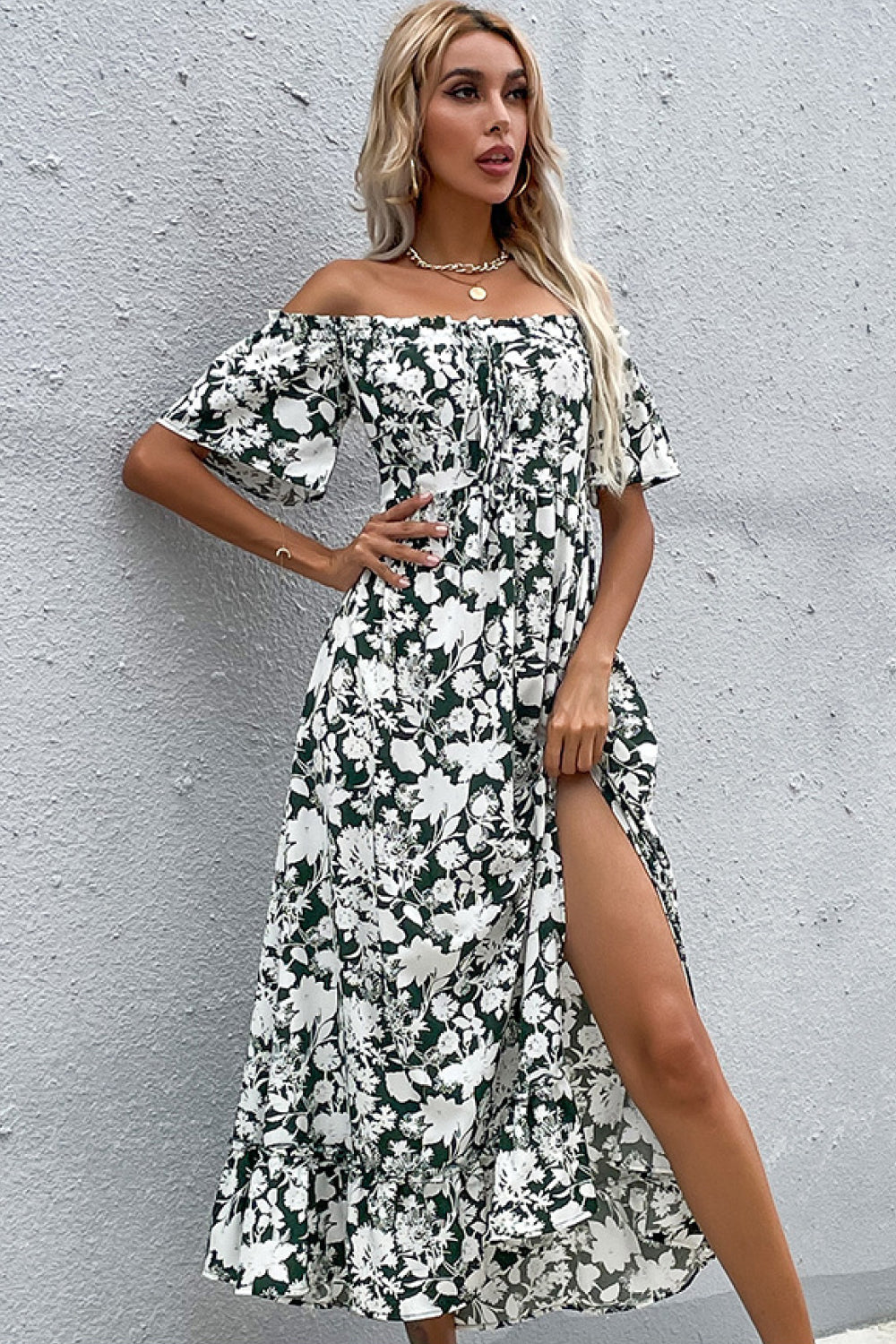 Floral Slit Off-Shoulder Midi Dress