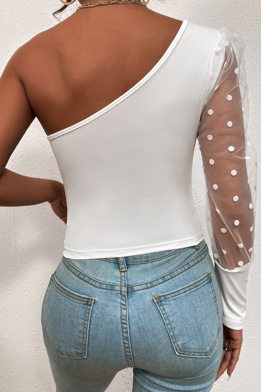 Polka Dot Spliced Mesh Sleeve Cropped Top