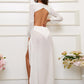 Cutout Split Puff Sleeve Plunge Maxi Dress