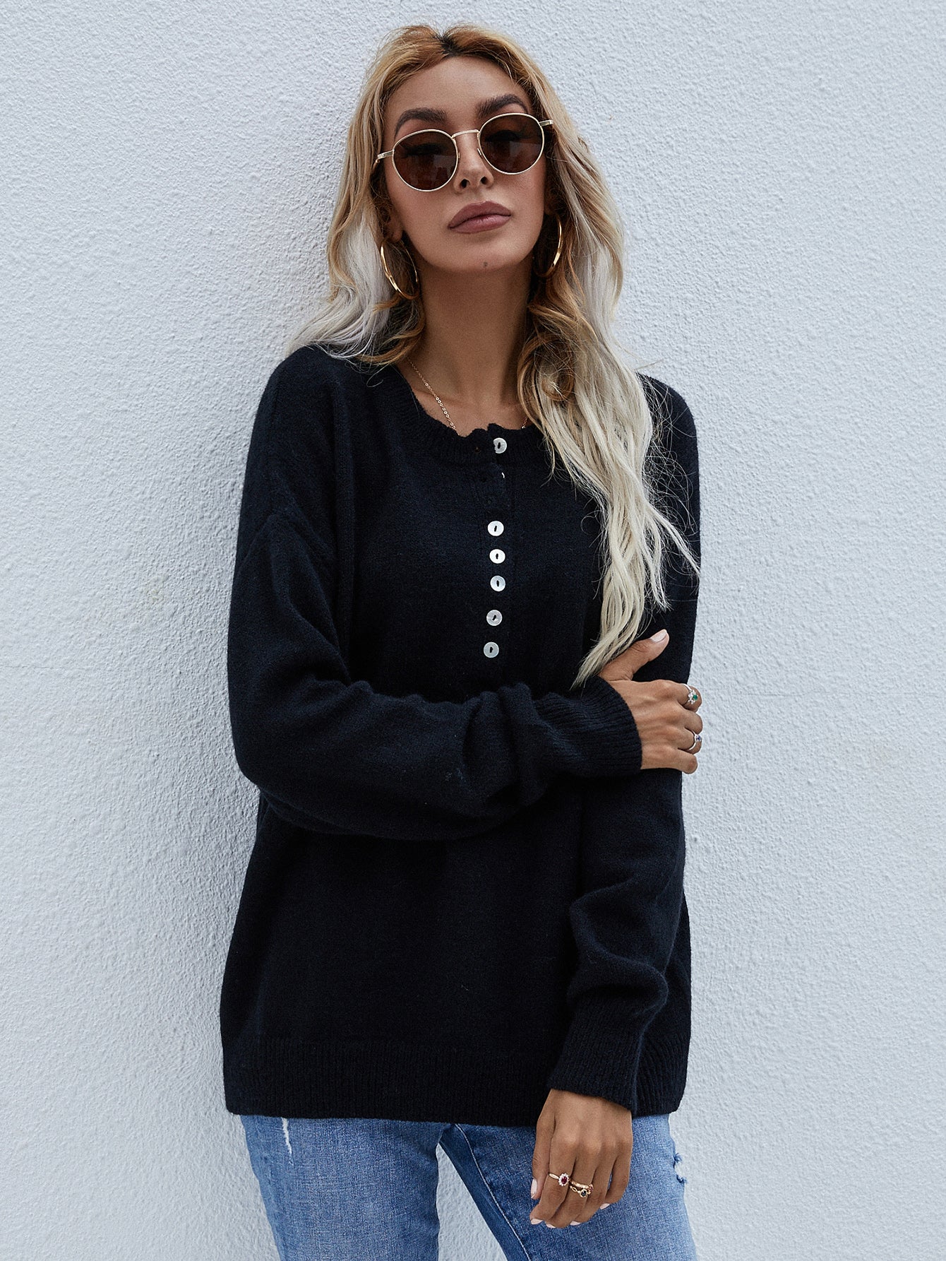 Half Button Long Sleeve Henley Sweater