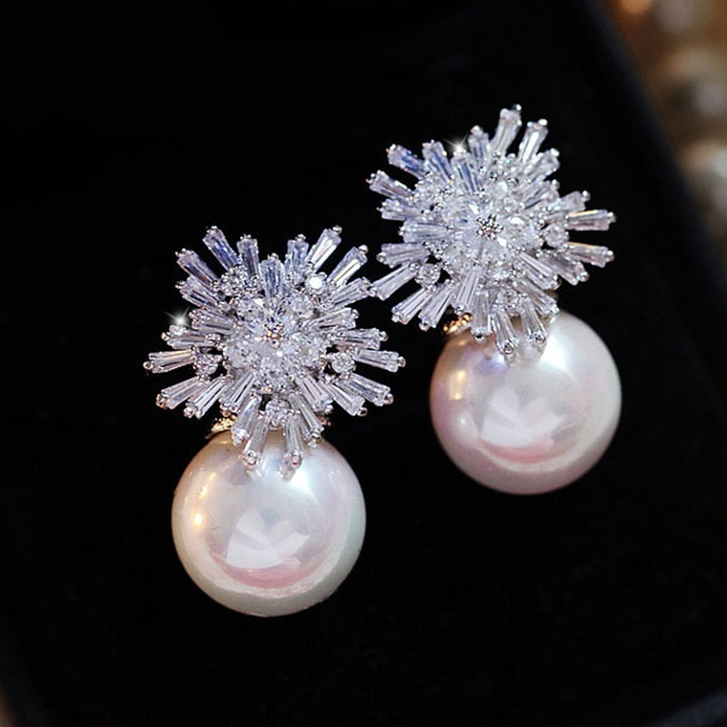 Snowflake Crystal Pearl Earrings