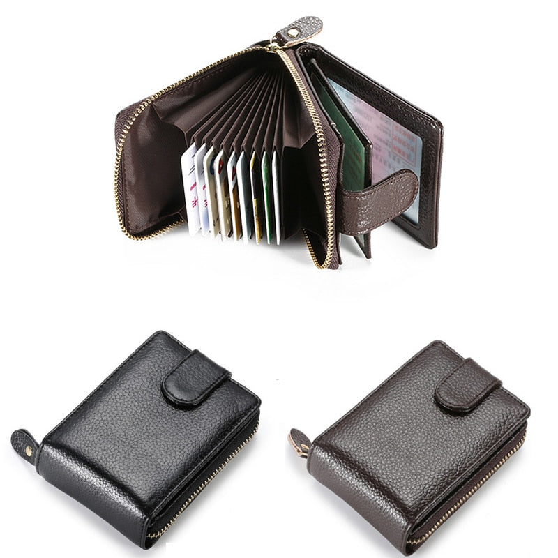 Vintage Genuine Leather Men's RFID Blocking Zippered Credit Card Holder and Wallet