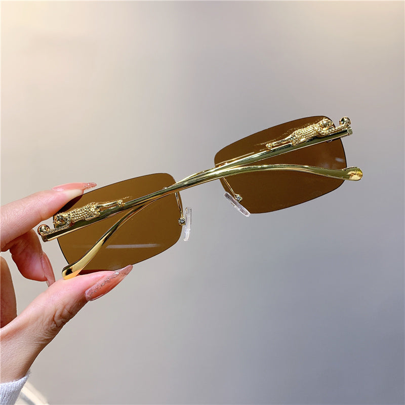 Vintage Rimless Cut Edge Golden Leopard Frame Sunglasses UV400