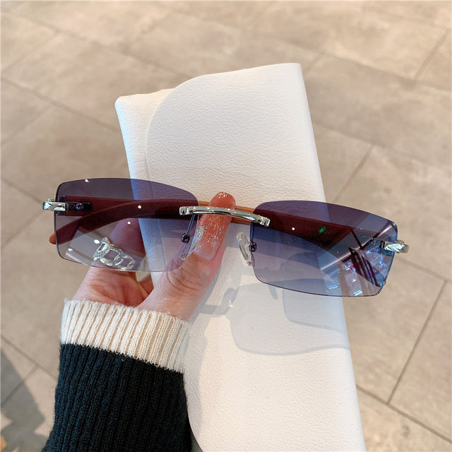 Rimless Wooden Pattern Retro Fashion Shades UV400