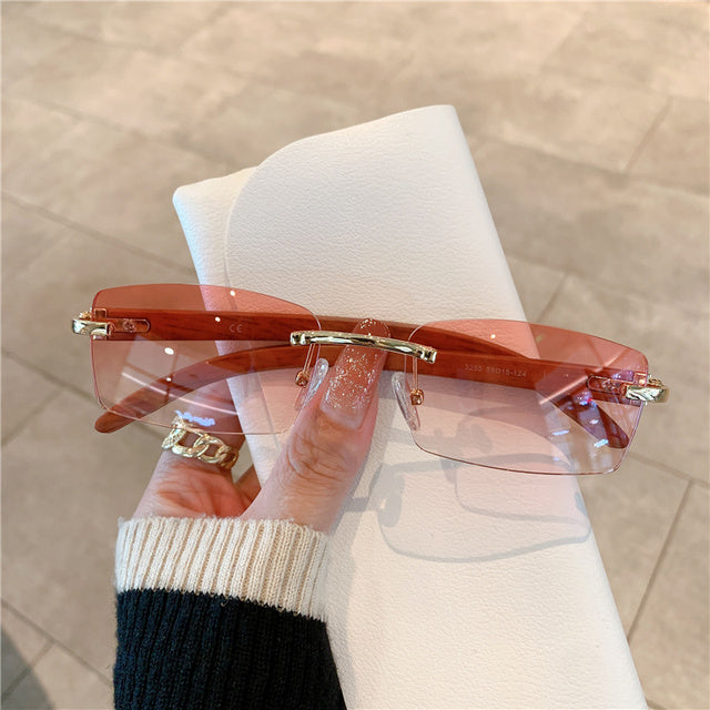 Rimless Wooden Pattern Retro Fashion Shades UV400