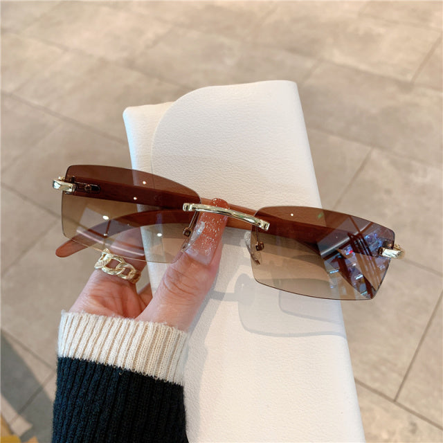 Rimless Wooden Pattern Retro Fashion Shades UV400