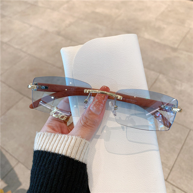 Rimless Wooden Pattern Retro Fashion Shades UV400