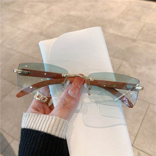 Rimless Wooden Pattern Retro Fashion Shades UV400