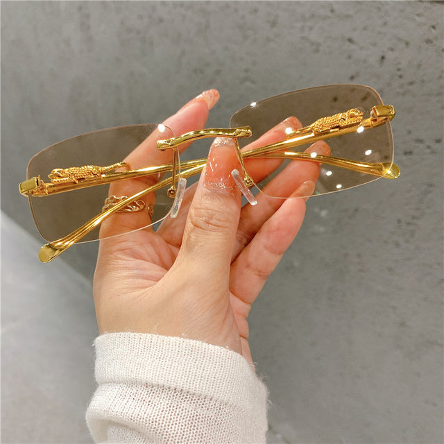 Vintage Rimless Cut Edge Golden Leopard Frame Sunglasses UV400