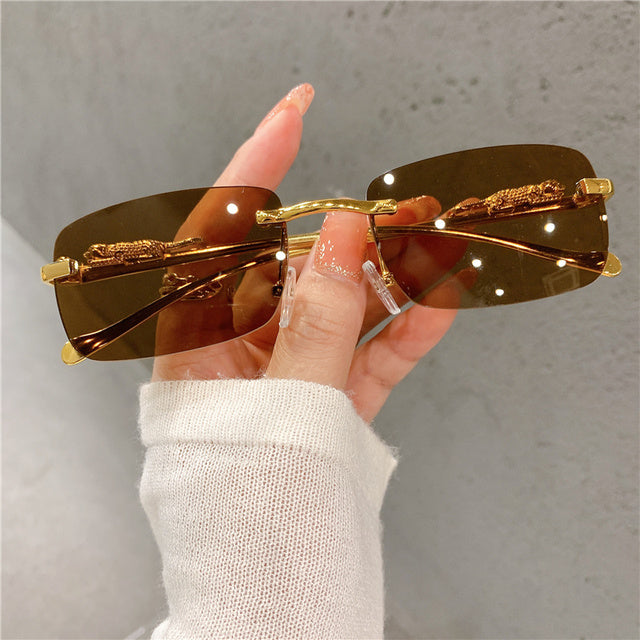 Vintage Rimless Cut Edge Golden Leopard Frame Sunglasses UV400