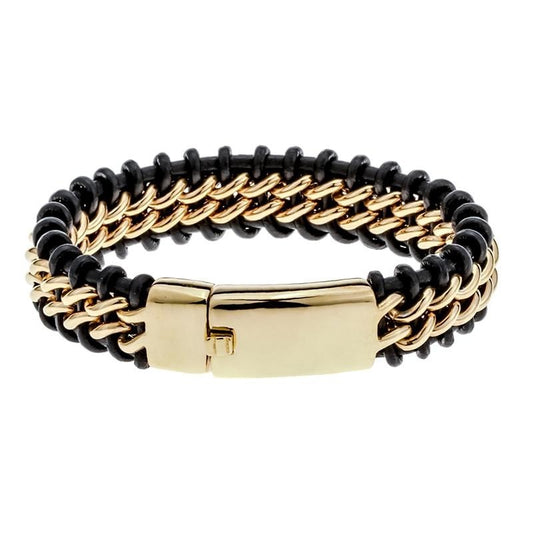 Black Leather Stainless Steel Bracelet - Gold and Silver